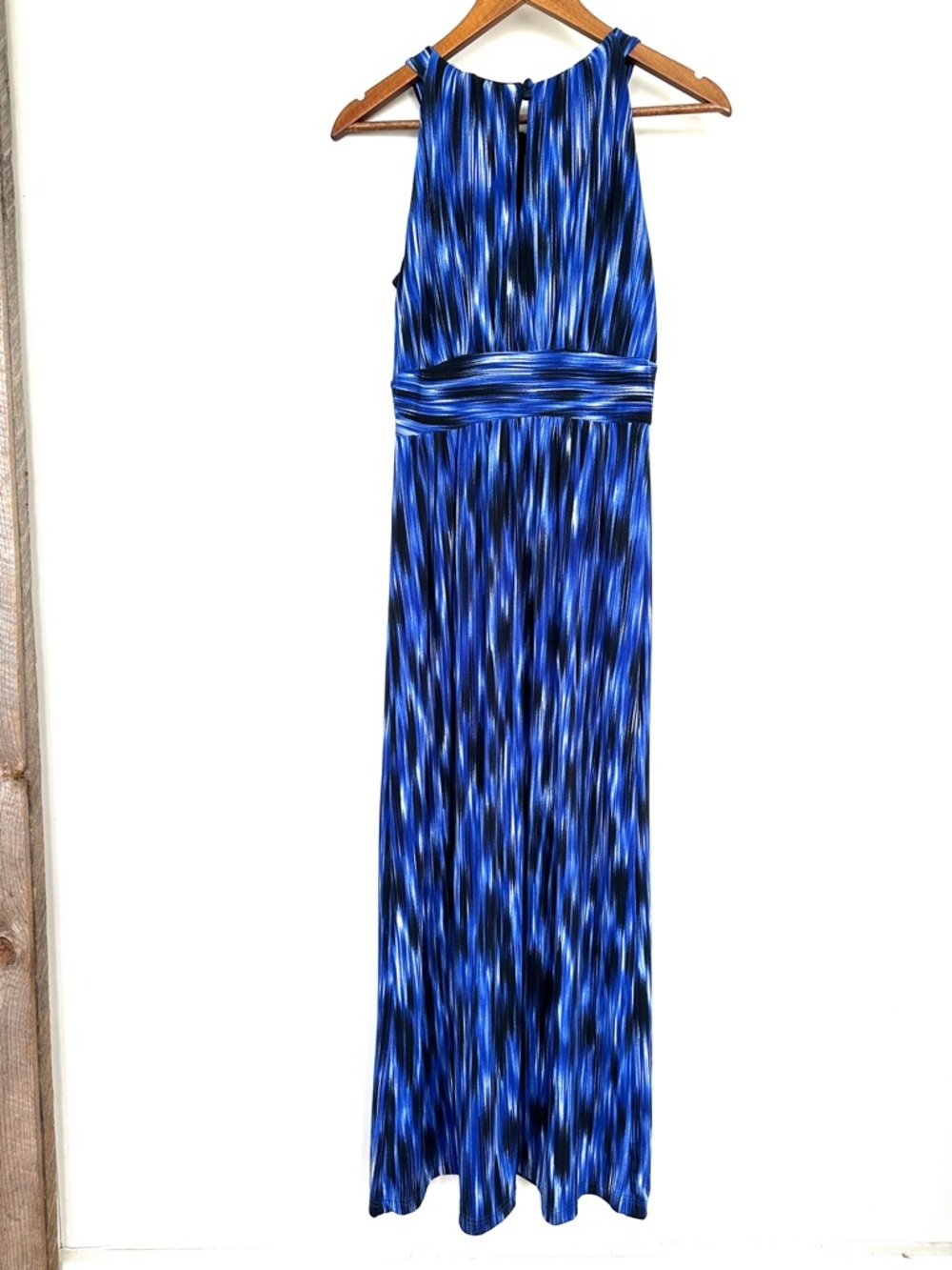 Saks Fifth Avenue “Black” Blue & Black Striped Halter Dress, Maxi, Stretch Knit - Picture 10 of 13